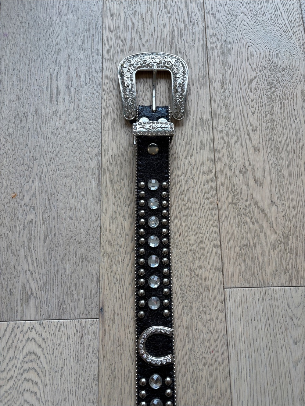 Western Studded Black Leather Women’s Belt with Silver Buckle Size M